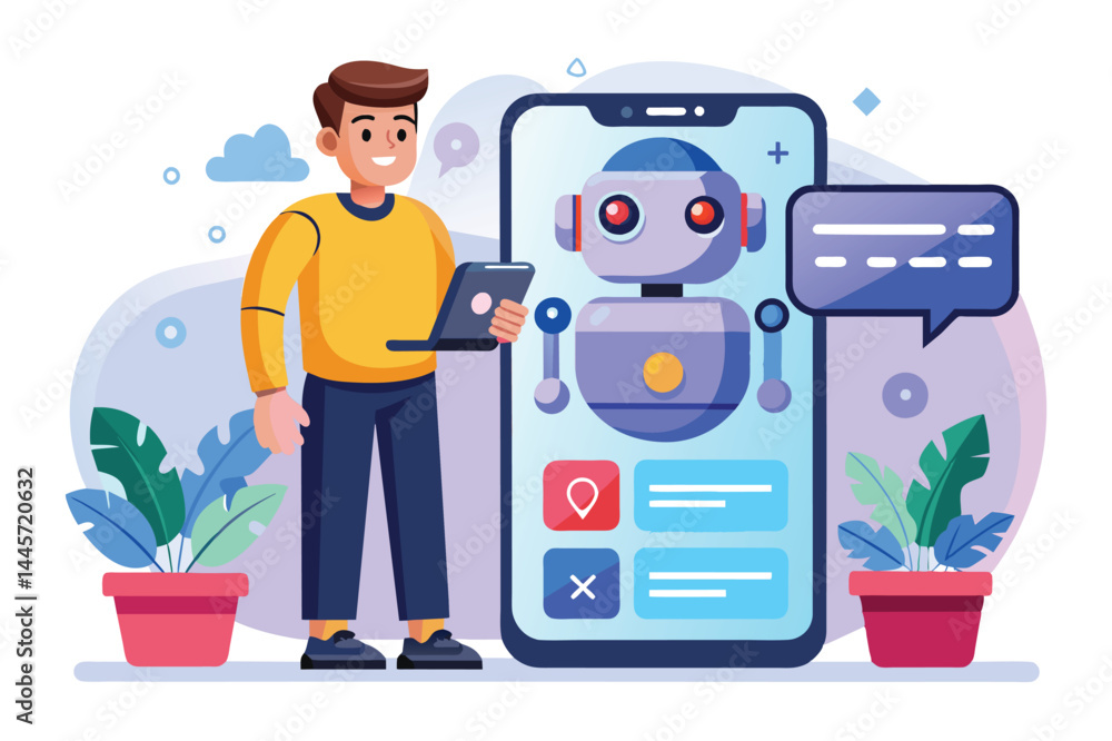 Poster a person stands with a tablet, engaged in conversation with a friendly robot on a smartphone screen 