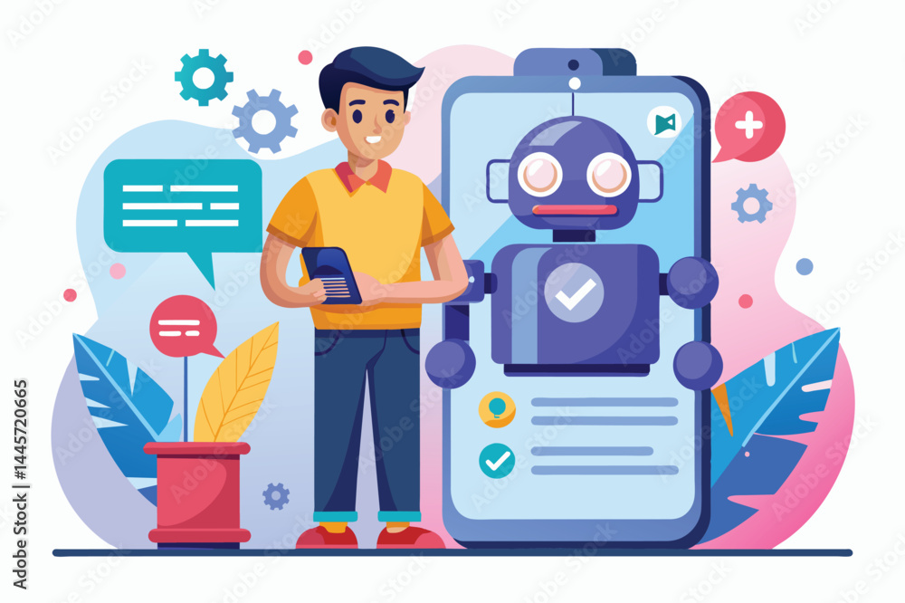 Aufkleber a young man holds a smartphone while engaging with a chatbot displayed on a large screen, illustrati