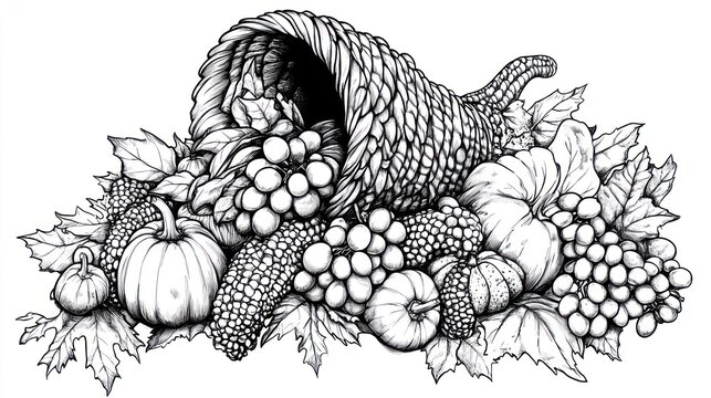 black and white cornucopia harvest bounty clip art preview