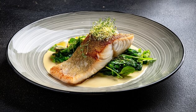 plate with zander filet served with greens and sauce