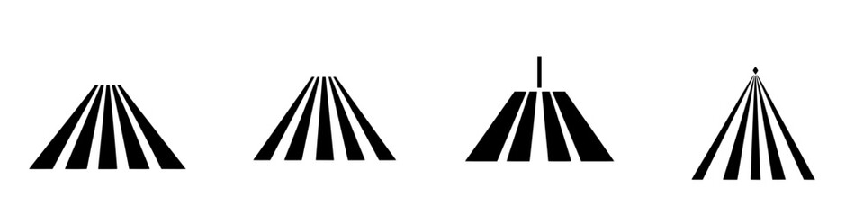 Black and white vector illustration of circus tents with varying designs and shapes in a minimalist style