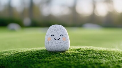 A cheerful stone figurine sits on a bed of lush green moss, bathed in soft sunlight
