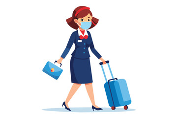 An airline attendant in a blue uniform carries a briefcase and pulls a suitcase while walking through the airport, maintaining safety protocols with a face mask.