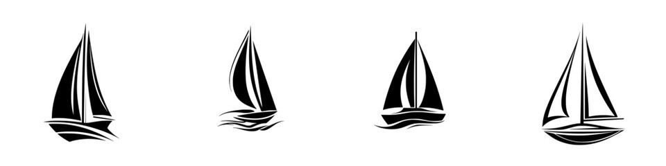 Vector illustration of four distinct sailboat designs in black and white style showcasing varying perspectives and shapes
