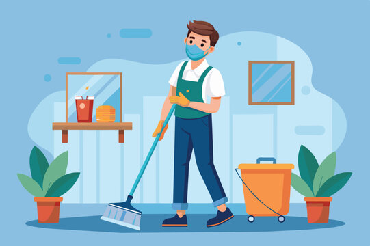 A young man wearing gloves and a mask mops the floor in a tidy indoor space filled with potted plants, showcasing his commitment to cleanliness and hygiene.
