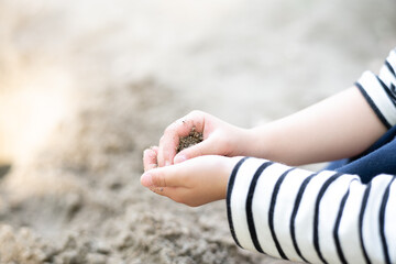 砂場で遊ぶ子供の手