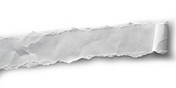 a detailed, irregularly torn strip of white paper against a solid gray background. The tear should be jagged and uneven, with numerous small, fibrous edges visible along the tear lin
