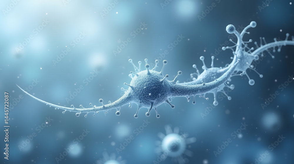 Poster close-up view of a virus, showcasing its intricate structure and details against a soft blue backgro