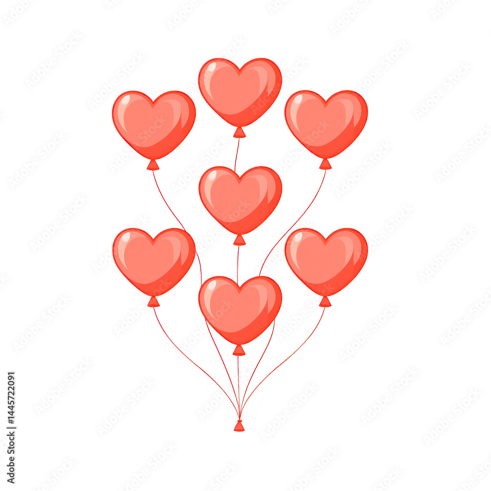 Poster heart shaped red balloons floating in cluster, symbolizing love and celebration. balloons are shiny 