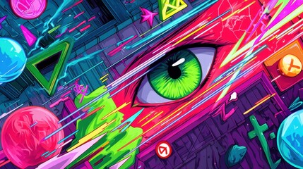 Dynamic pixel art featuring a glowing eye set against an abstract background with glitch effects, vibrant neon colors, and collectible digital symbols, creating a surreal and futuristic composition.