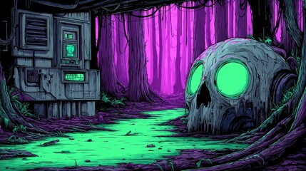 Dynamic pixel art of a giant skull with neon eyes lying in a forest, surrounded by glitch effects and vibrant neon colors, creating a surreal, atmospheric scene.
