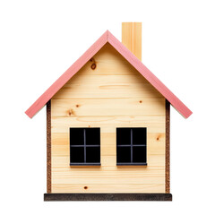 Small wooden house model with pink roof black and chimney on a plain background perfect for architecture and construction themes