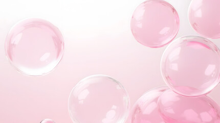 A collection of delicate, translucent pink bubbles drifting on a soft gradient background.