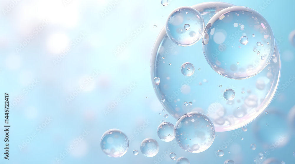 Poster close-up of translucent bubbles on a soft blue background, creating a calming and refreshing atmosph
