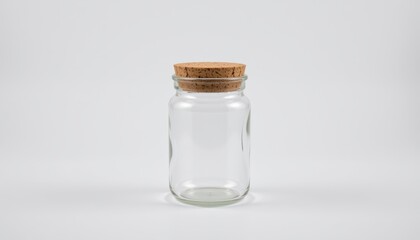 A single glass jar with a cork lid placed centrally on a white background (RGB 255,255,255). The jar should be clean, transparent, and empty, with no reflections or logos