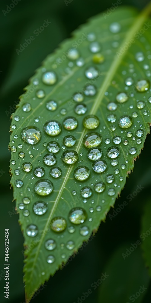 Poster macro raindrops on leaf, nature's tiny mirrors. reflections captured, showcasing the world in miniat