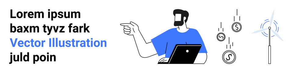 Man with laptop gestures towards wind turbine and falling coins, highlighting renewable energy, sustainability, financial growth, technology, innovation, clean energy, and business strategy. Ideal