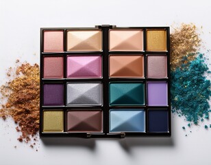 glamorous eyeshadow palettes with shimmering tones and textures on white background