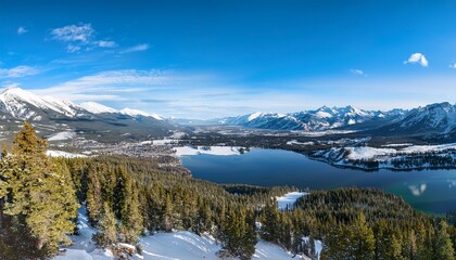 panorama of whitefish montana and lake towards the rocky mountains and its ski resorts