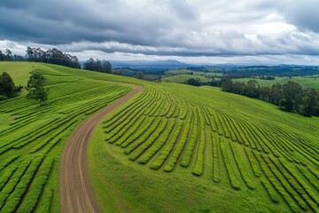 Aerial view of a tea plantation with a winding road leading to a small wooden farmhouse, with copy space. Soft golden hour lighting. Rural background.