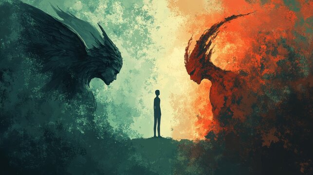 Two opposing forces, a lone figure