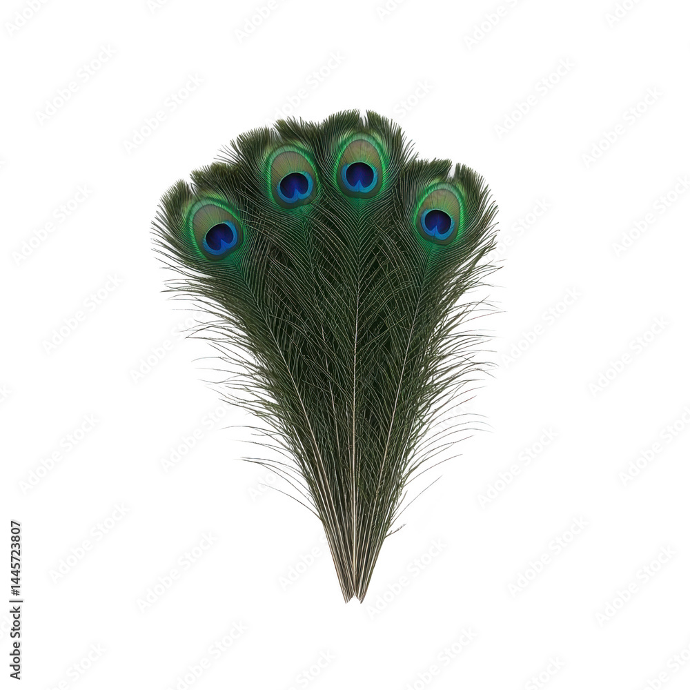Poster peacock feathers with vibrant eye patterns are displayed in fan shape, showcasing their iridescent c