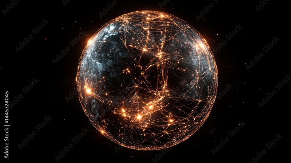 Poster 3d rendering of a digital planet earth with an intricate web of light connections circling the globe