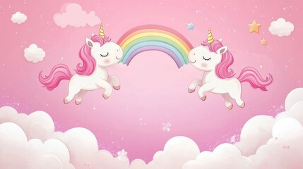 Two unicorns under a rainbow