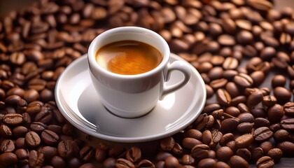 Fototapeta premium rich espresso served in a delicate white cup nestled among roasted coffee beans creating a warm and inviting atmosphere