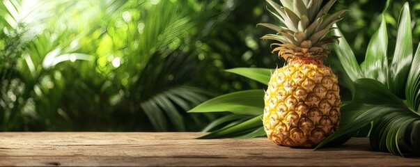 A ripe pineapple sits on a wooden table near lush green foliage