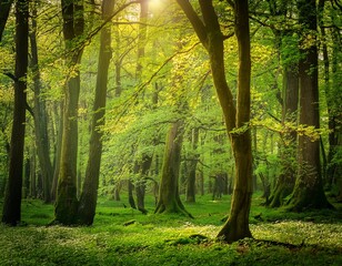 Naklejka premium green forest at spring time