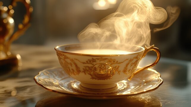 Golden steamy cup of tea