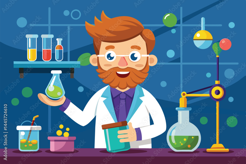 Poster a scientist with a beard and glasses is smiling while holding a flask in one hand and a jar in the o