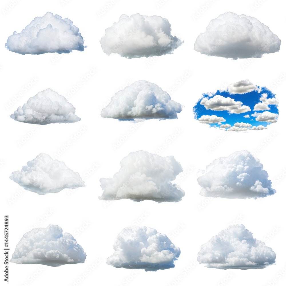 Poster various fluffy white clouds are isolated on transparent background, showcasing different shapes and 
