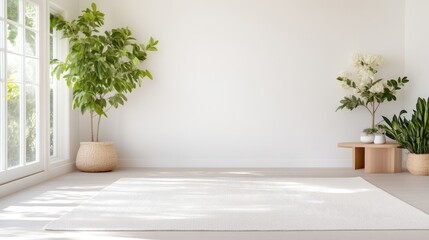A minimalist living room with large windows and lush green plants, bright sunlight streaming in, and creating a serene and airy atmosphere.