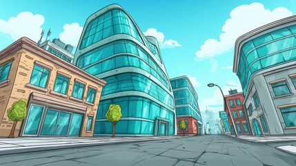 Modern cityscape blending classic and futuristic architecture with sleek glass buildings and clear blue sky, showcasing urban innovation and design.