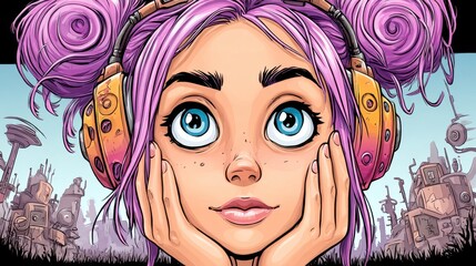 Cute cyberpunk girl with big blue eyes, pink hair in buns, and futuristic headphones. Colorful sci-fi cityscape in the background. Vibrant digital art, cartoon style.