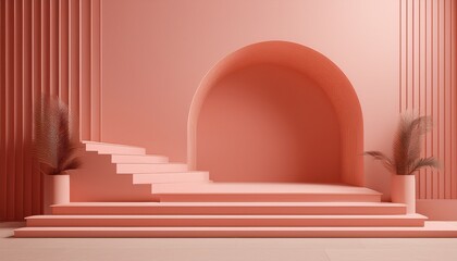 Obraz premium arch and stairs in trendy minimal interior 3d render illustration in modern geometric style coral pastel colors background for banners for product presentation