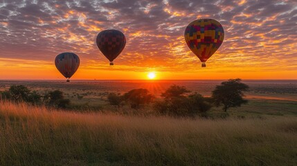 Obraz premium Colorful hot air balloons over a savanna sunrise
