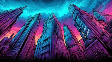 Futuristic cyberpunk cityscape with glowing green windows, modern buildings, and a vibrant blue sky. Sci-fi urban environment, digital art, cartoon style, perspective view.