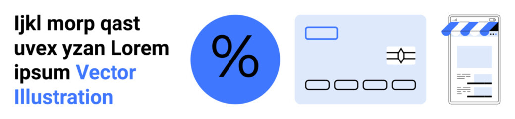 Credit card, percentage icon, and online storefront illustrating financial transactions, e-commerce, and payment systems. Ideal for banking, e-commerce, fintech, marketing budgeting retail simple