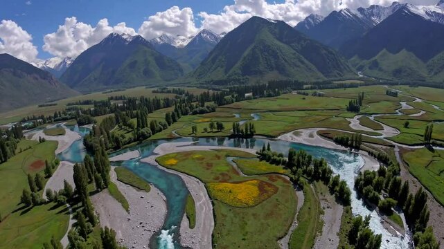 Beautiful valley Pahalgam in Kashmir, india, landscape with trees and river. Aerial view of drone
