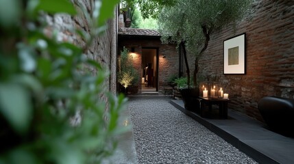 Tranquil courtyard passageway. Lush greenery frames a stone pathway leading to a serene interior