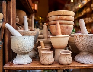 a souvenir shop in pucisca with itrs famous handmade limestone goods close up of mortar and pestles designed and crafted in different sizes and textures for sale at a small market place