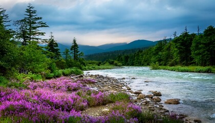 riverbank covered in purple flowers in the sakhalin region s dense forest blooming plants forest