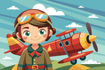 A cheerful young aviator wearing goggles smiles confidently beside a vibrant red biplane, set against a colorful sky and rolling hills.