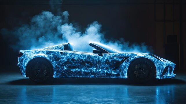 High-performance convertible car, futuristic design, with glowing blue patterns and steam