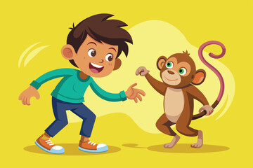 A young boy with a bright smile is reaching out to a lively monkey, showcasing a playful interaction filled with joy against a cheerful yellow backdrop.