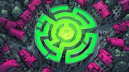 Futuristic neon green labyrinth in the center of an old city with pink rooftops, top view. Digital cyber maze, mysterious urban landscape, fantasy concept art.