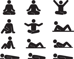 Silhouette yoga icons showing meditation stretching posture fitness and wellness poses